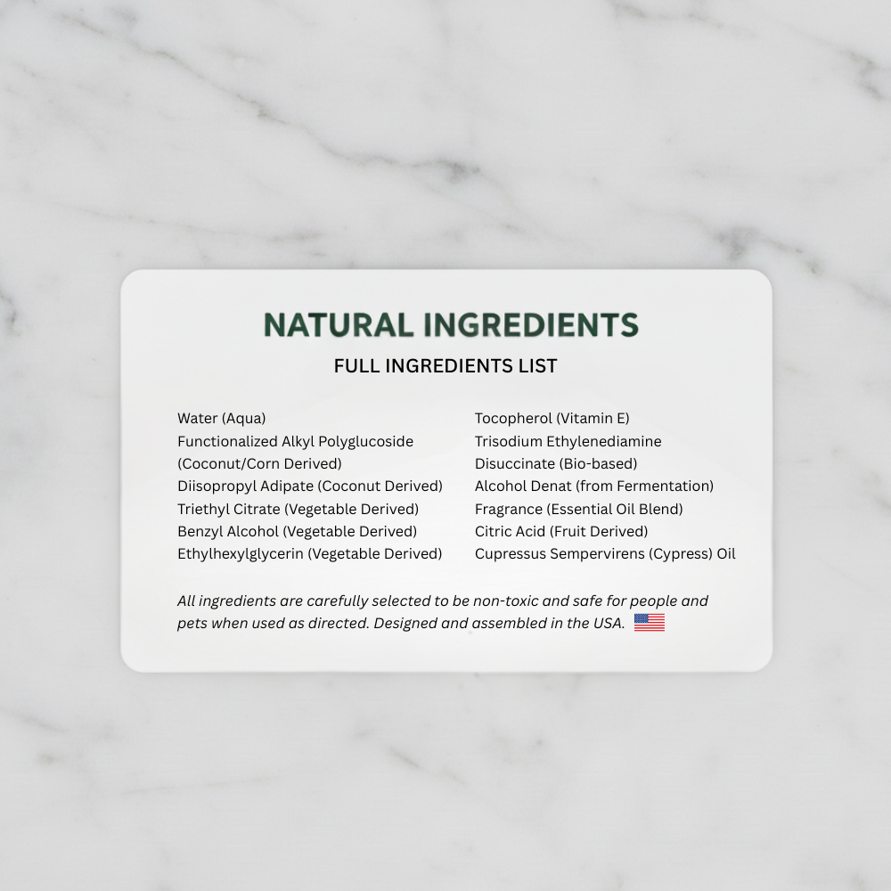 Natural Ingredients list for a Little Mountain Flowers product on a marble background