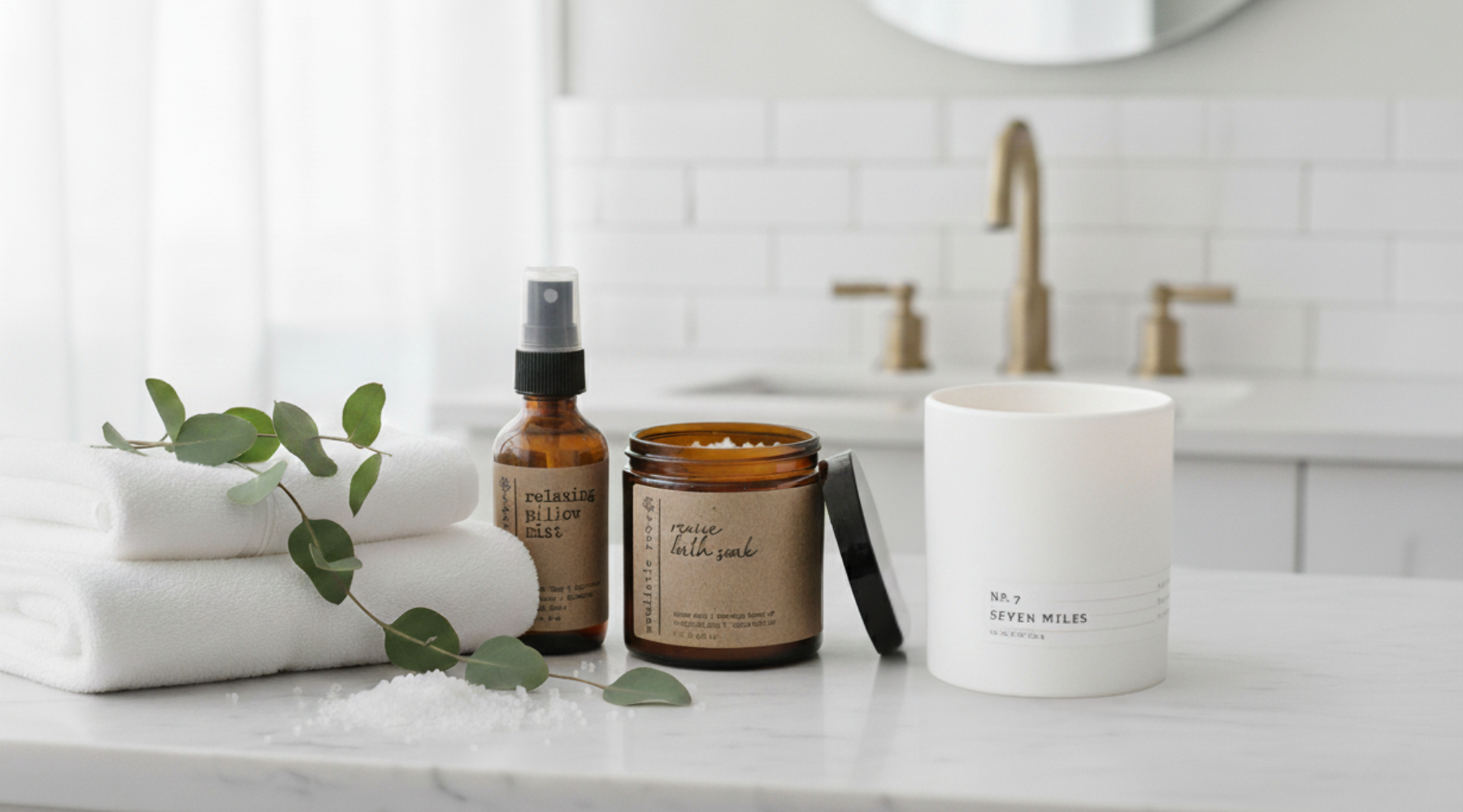 White marble bathroom counter with towels, eucalyptus, Little Mountain Flowers Therapeutic Products and Botanical Candle.