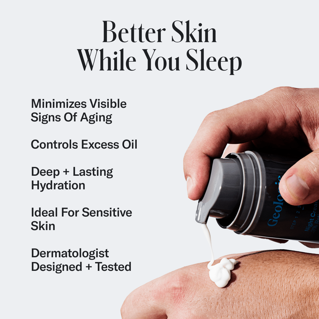 Hand applying retinol cream to skin with product details on a white background.